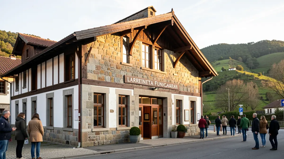 Larreineta funikularraren geltoki historikoaren harrizko fatxada, Euskal Herriko arkitekturarekin, eguzki argitan.