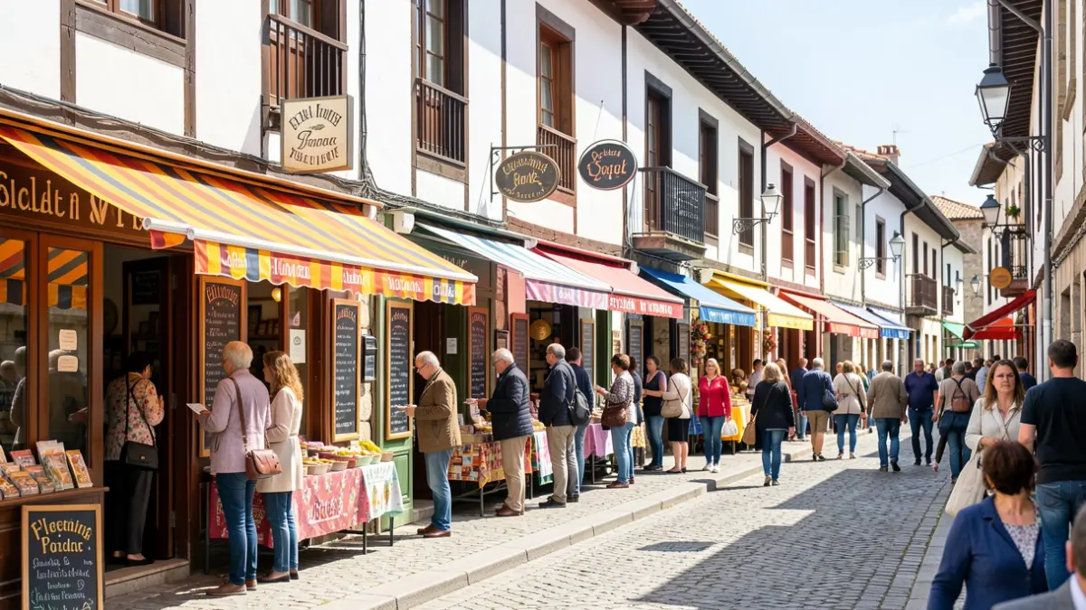 Imagen genérica de una calle comercial de Leioa, con tiendas coloridas y gente.