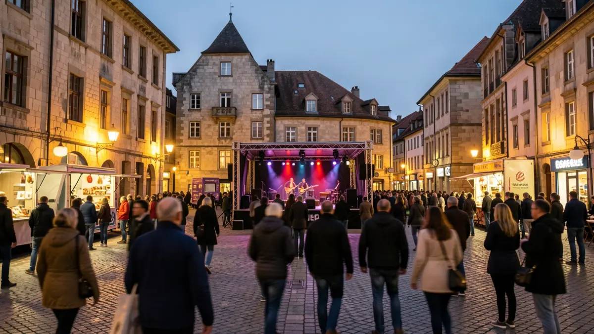 Irudi generikoa Euskadiko plaza batean, arratsaldeko argitan, kontzertu bat eta jendea.