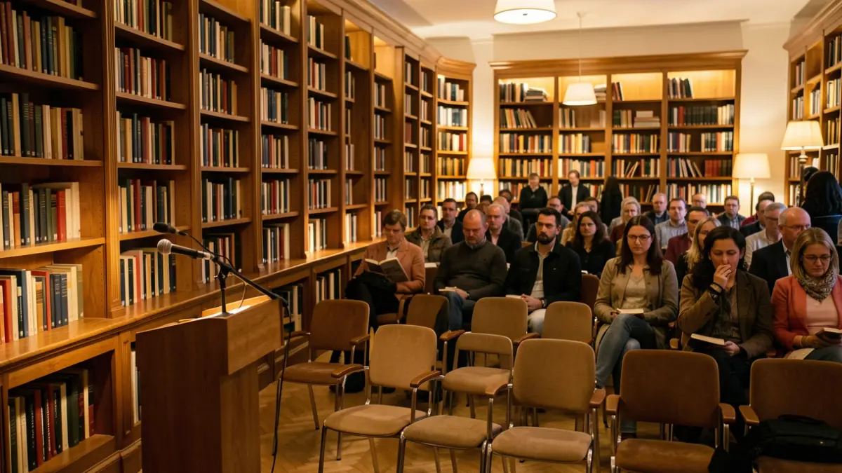 Sala preparada para actividades culturales con un micrófono y sillas dispuestas.