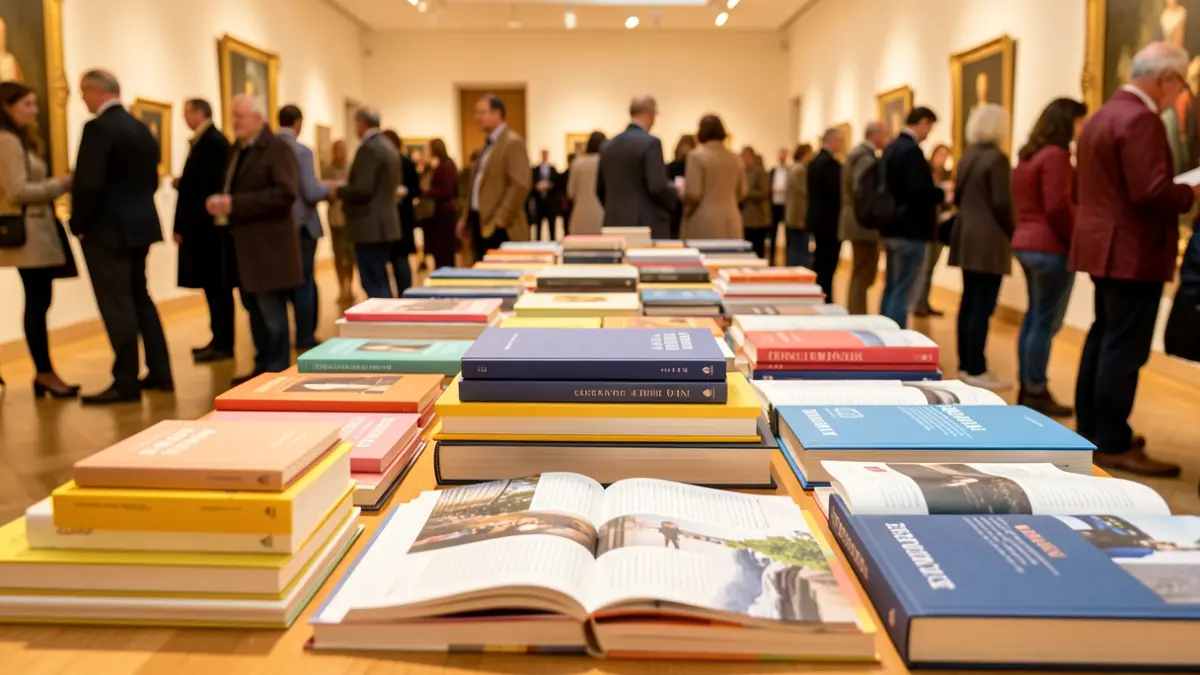 Books stacked and open in an exhibition hall, with people browsing around.