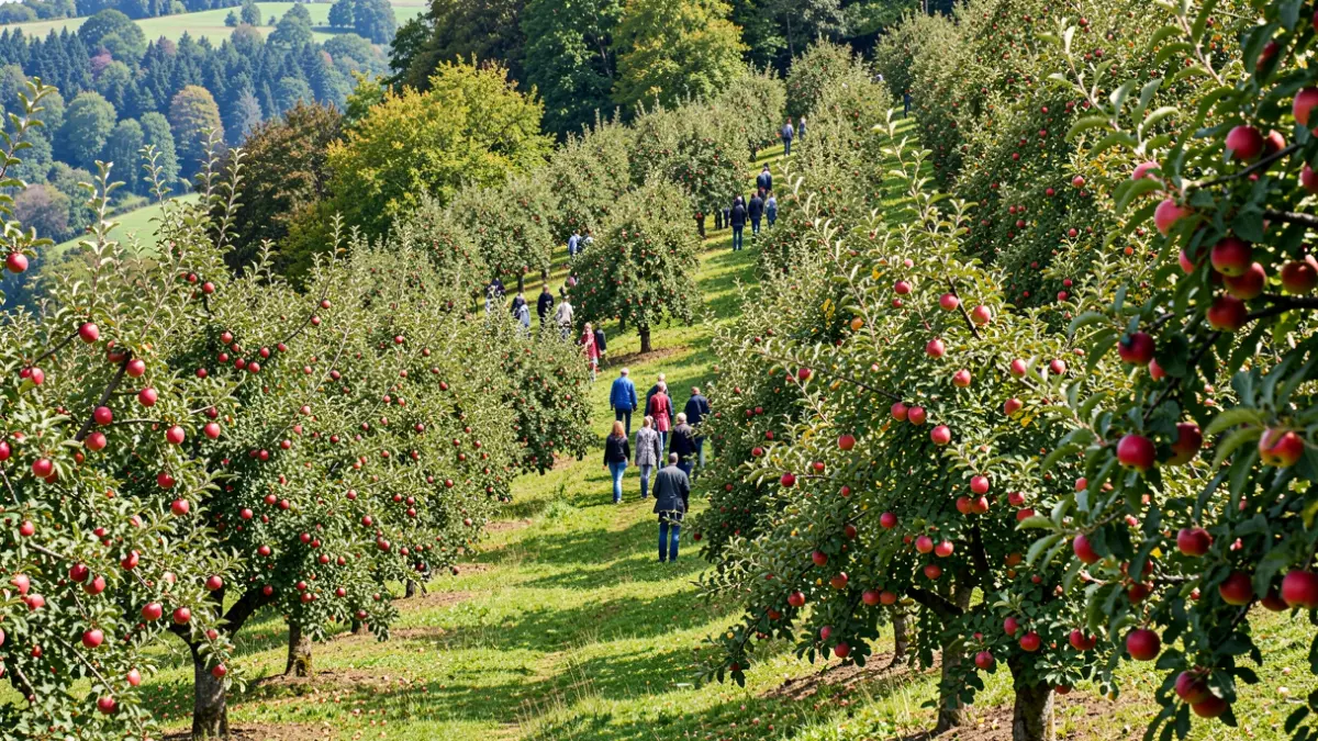 Bosque de manzanos colorido y cargado de manzanas en una ladera montañosa.