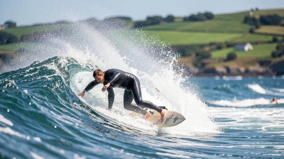 Un surfista surfeando una ola con la costa vasca y colinas verdes al fondo.