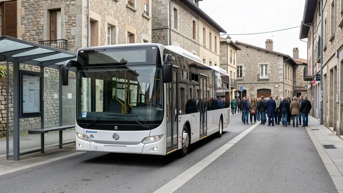 A bus at a stop with traditional Basque architecture in the background.