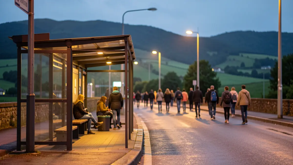 Una marquesina de autobús en una carretera del País Vasco al atardecer, con luces de calle cálidas iluminando la acera mojada y colinas verdes borrosas al fondo. La escena evoca el inicio del curso escolar y el uso del transporte público.