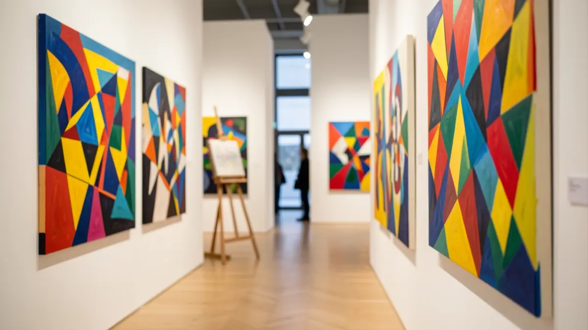 Interior of an exhibition hall with colorful abstract paintings on white walls.