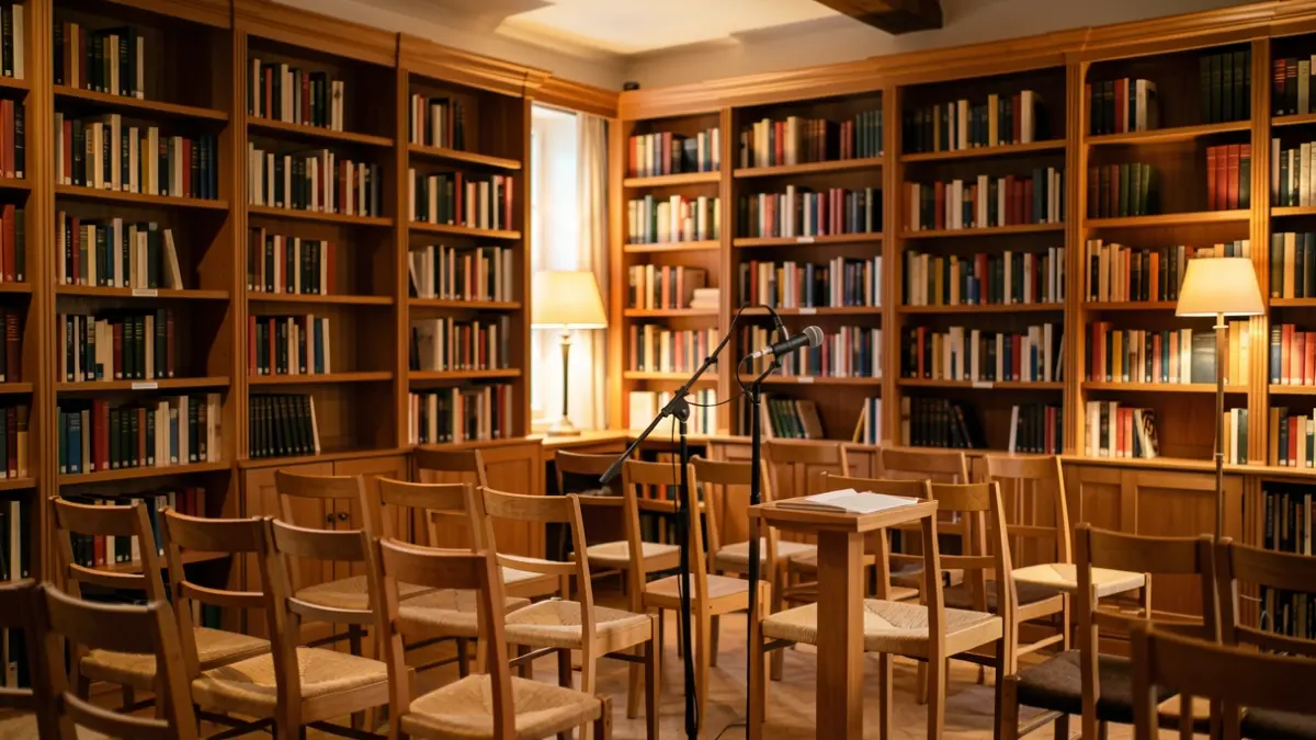 Interior of a cultural center, library and space for talks.