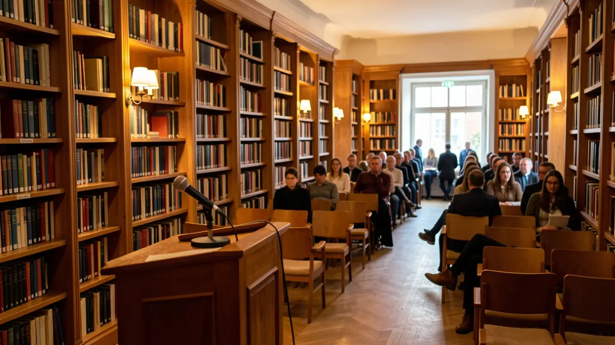 Interior de una biblioteca con un micrófono preparado para una charla y sillas dispuestas.
