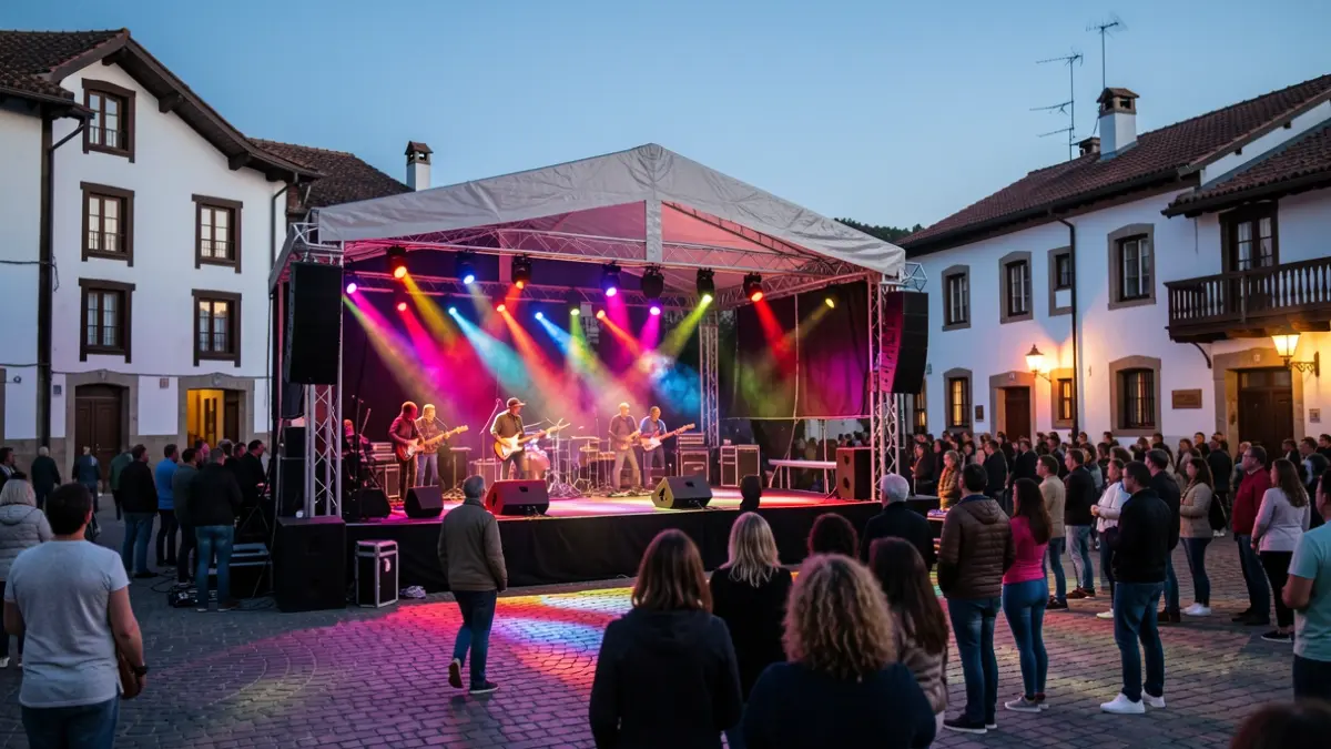 Irudi generikoa: Basauriko plaza batean arratsaldeko argitan dagoen musika jaialdi baten eszenatokia, atzean euskal arkitektura tradizionala duela.