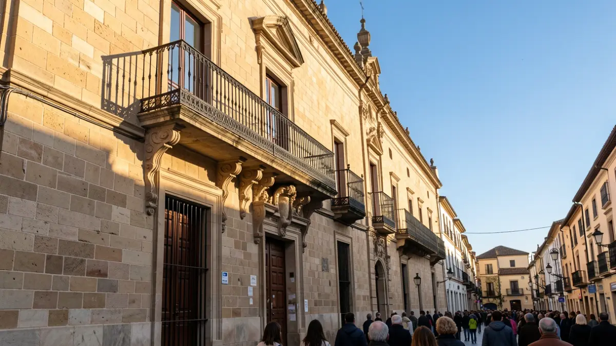 Stone facade of a historic town hall in Zaragoza, Spain, with an ornate balcony and iron railings. Warm afternoon sunlight casts long shadows on the sandstone walls. Clear blue sky.