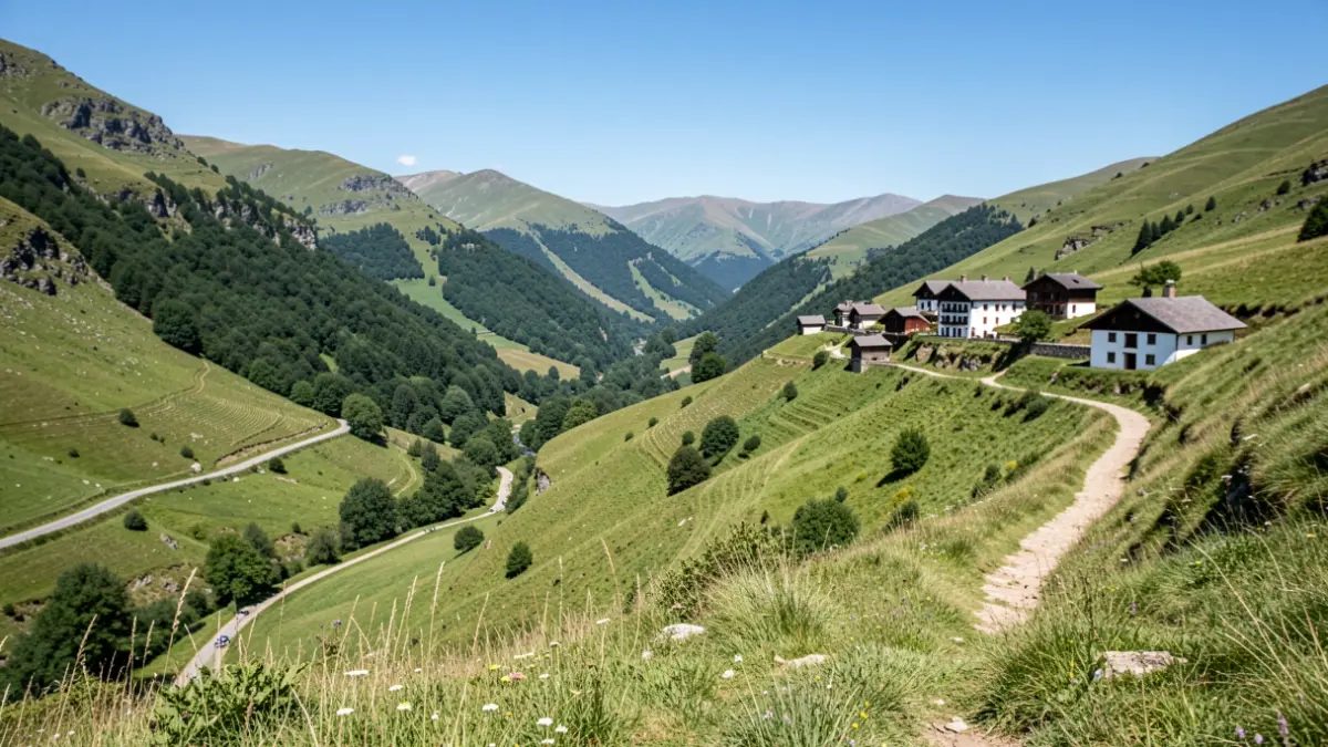 Un paisaje montañoso verde y un sendero de montaña.
