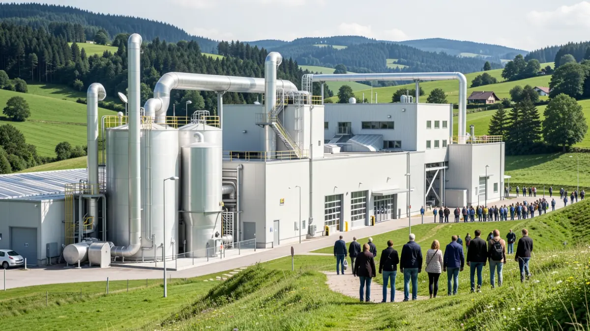 Imagen genérica: Instalación industrial moderna con grandes tuberías y tanques, ubicada en un valle verde de Euskadi, luz diurna.