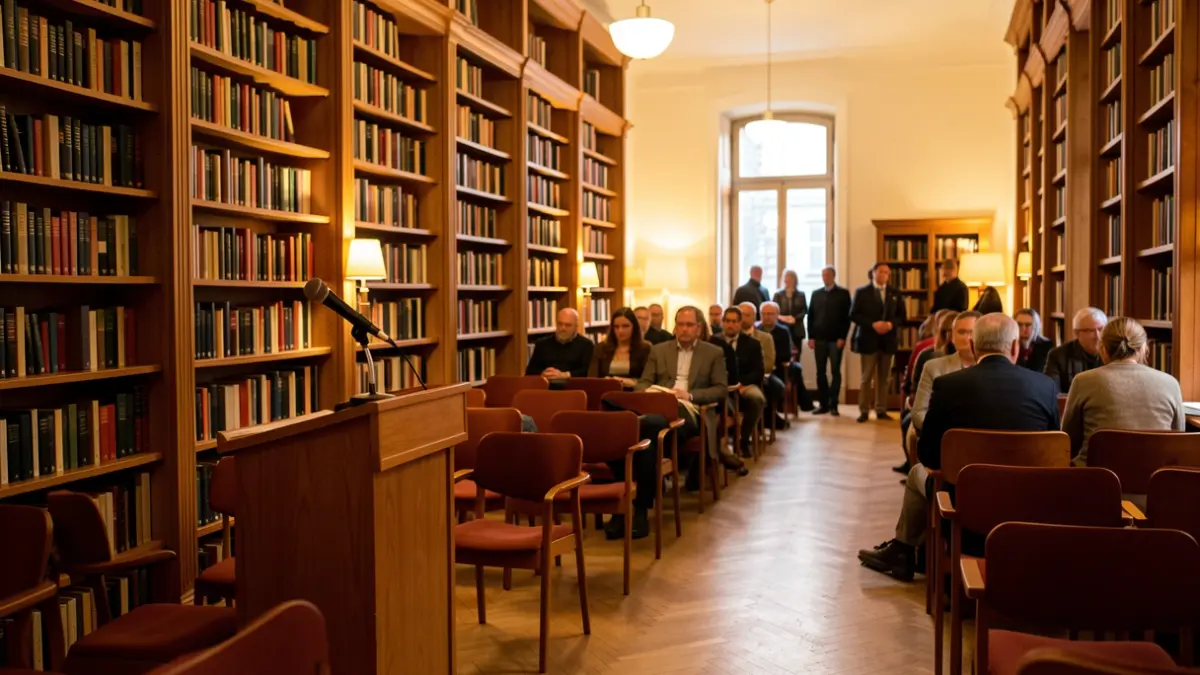 Imagen genérica de un interior de biblioteca preparado para una charla o taller.
