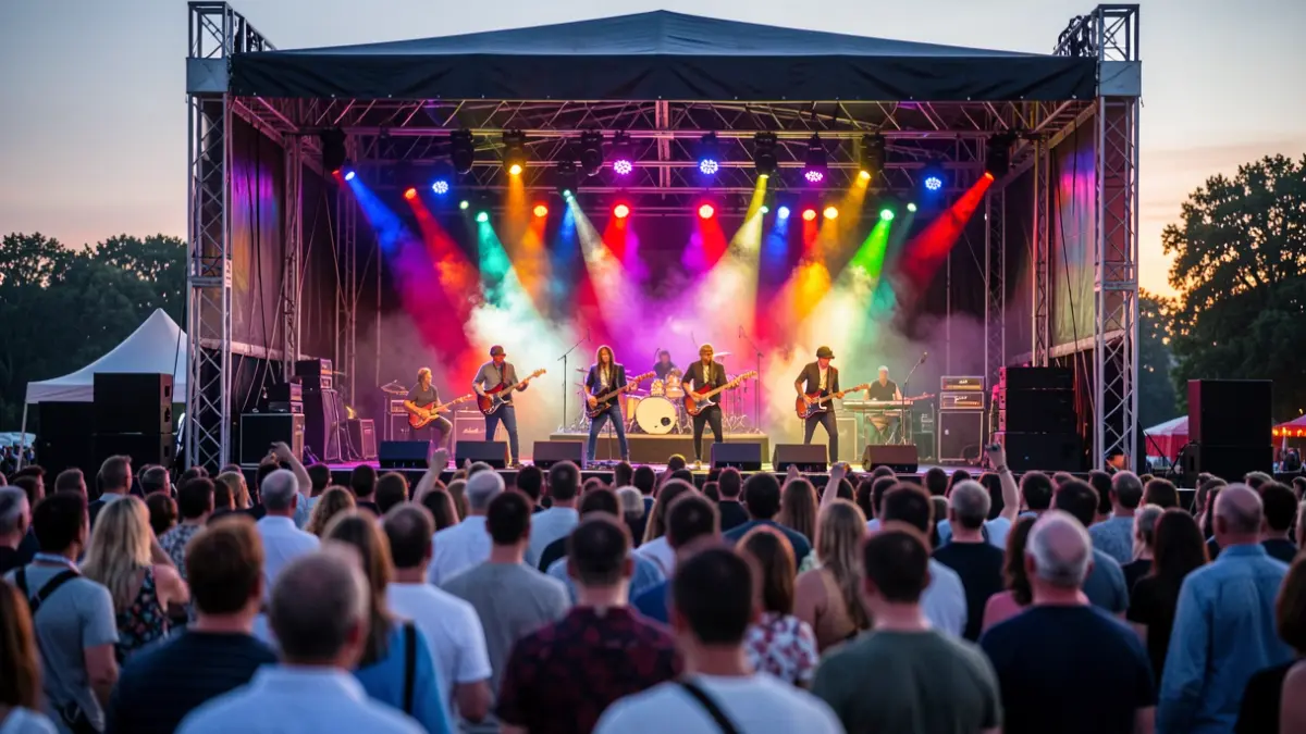 A vibrant music festival stage at dusk, with colorful lights illuminating the performers and a blurred crowd in the foreground.