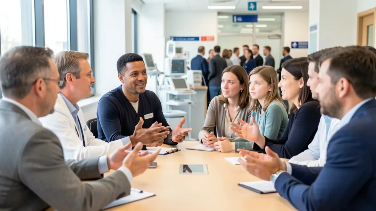 Generic image: patients, family members, and healthcare professionals in dialogue within a hospital room.
