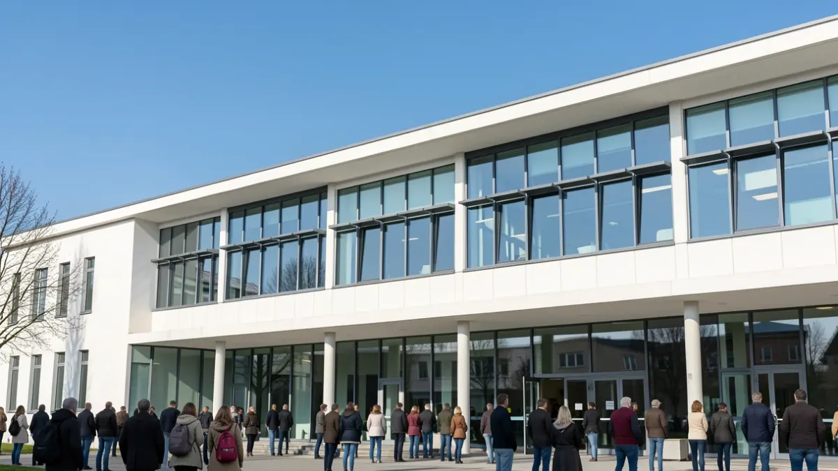 Imagen genérica de la fachada de un edificio universitario moderno con grandes ventanales y cielo azul.