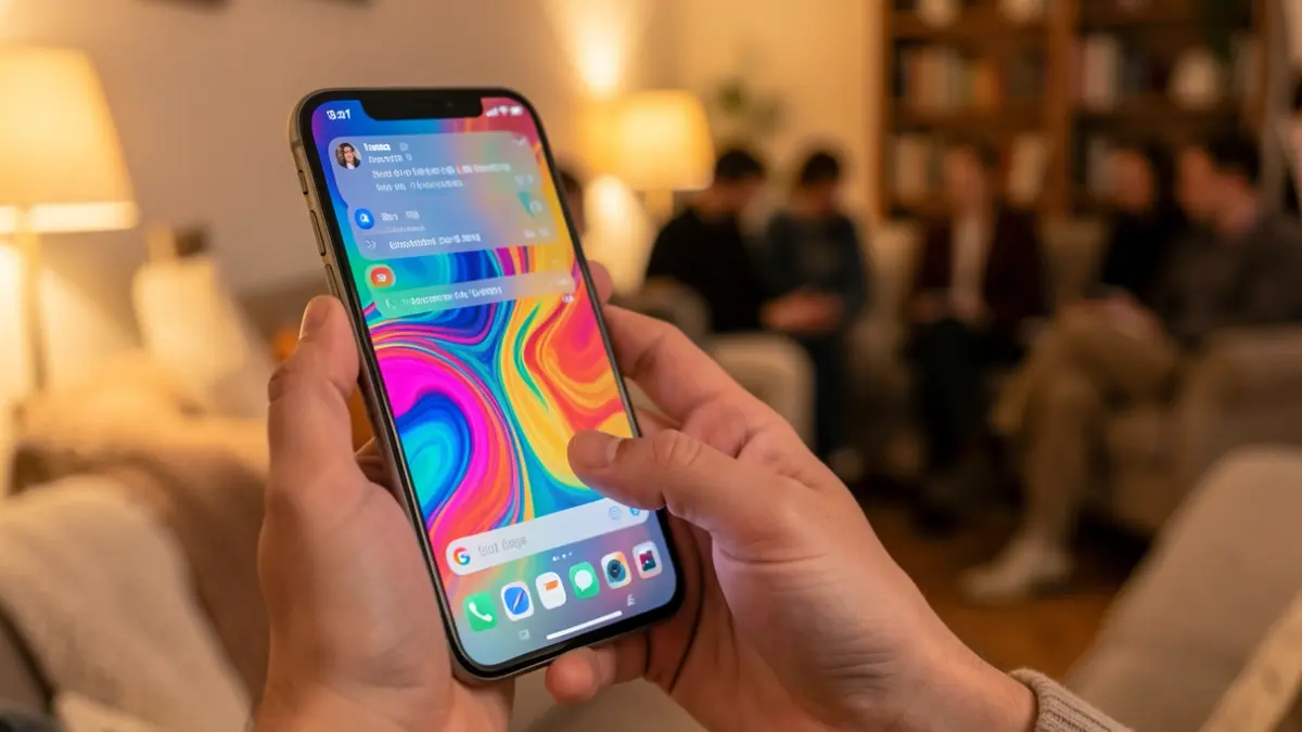 Telefono mugikor baten eskua hurbiletik, pantailan eredu koloretsu abstraktuak eta jakinarazpen lausoak erakusten dituena.