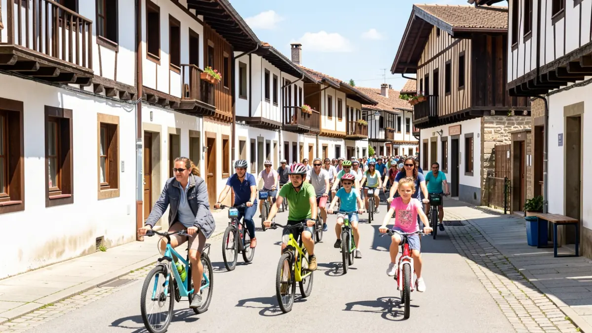 Generic image of a group of people and families cycling through the streets of Mungia.