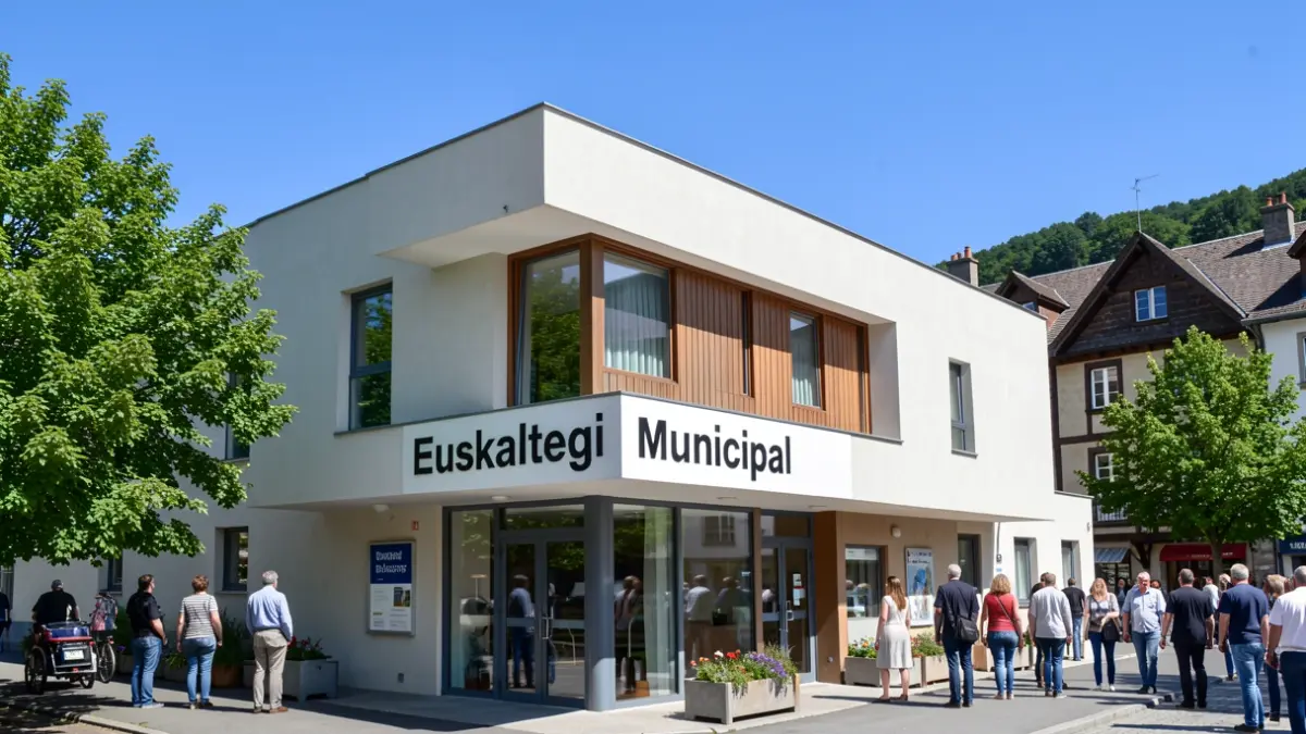 Irudi generikoa: Euskaltegi udal eraikin moderno baten kanpoaldea, eguzkitsua.