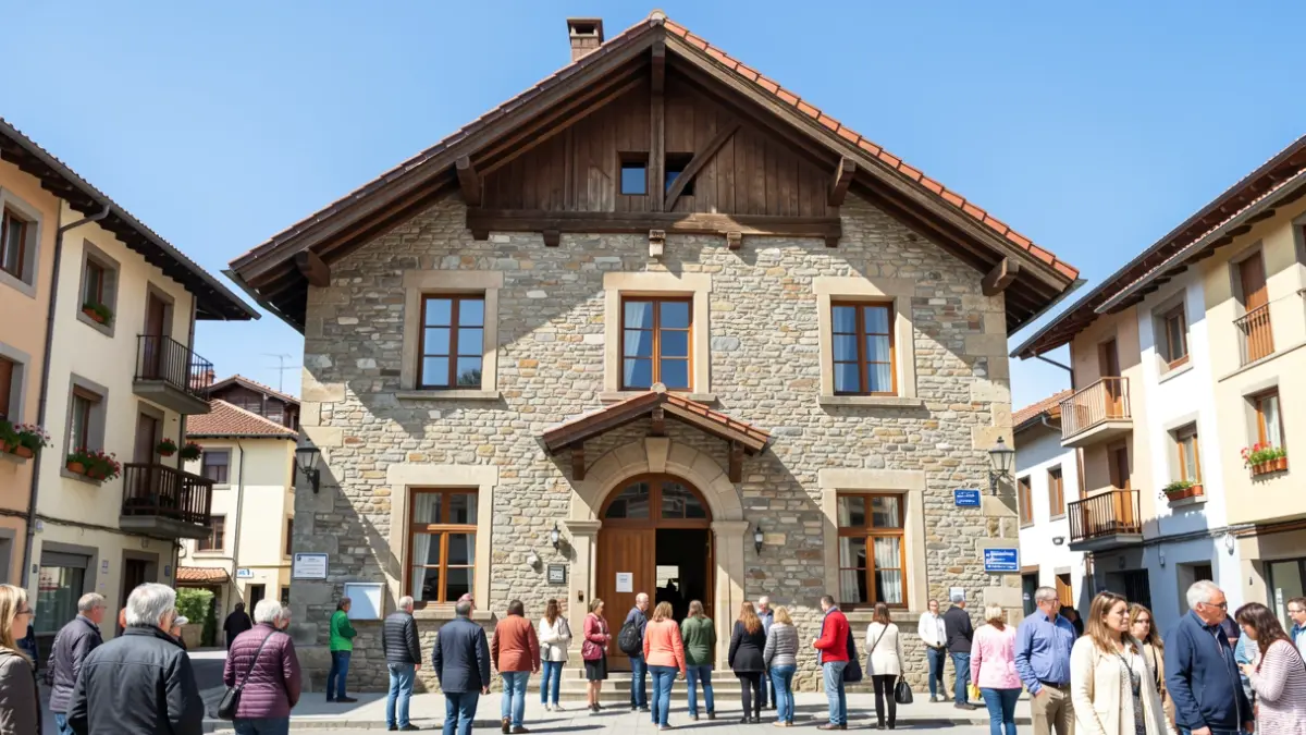 Generic image of the facade of a Basque Country town hall, with stone walls and wooden elements.