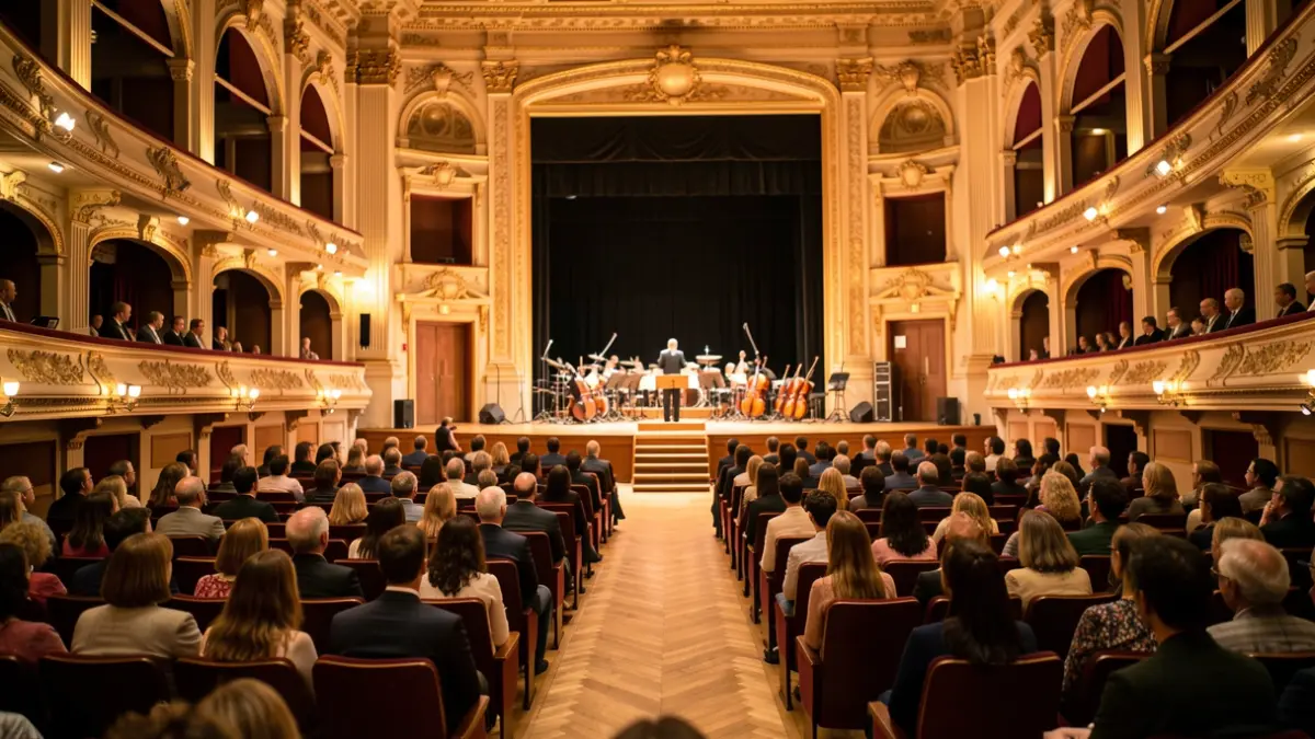 Generic image of an empty concert hall with warm lighting and a blurred stage.