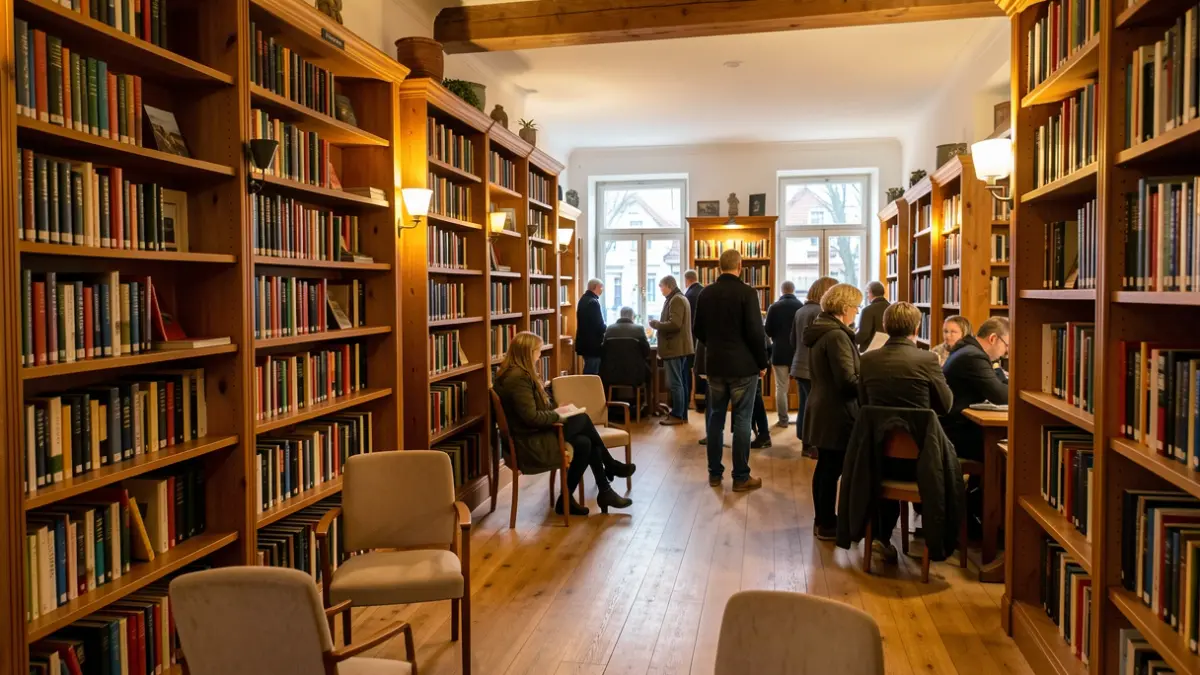 Generic image: A library in Euskadi, with wooden bookshelves filled with books, warm lighting, and empty chairs.