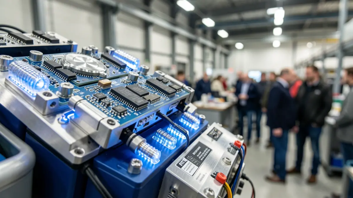 Bateria-kudeaketa-sistemaren osagai aurreratuen hurbileko irudia, zirkuitu konplexuekin eta LED urdin distiratsuekin, Euskadiko lantegi industrial moderno baten atzealde lausoan.