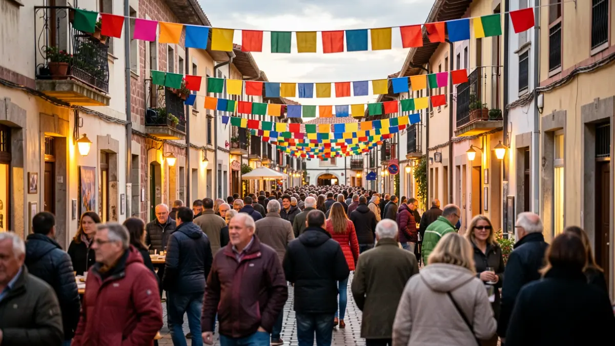 Generic image: Festive street scene with colorful banners and blurred figures of people enjoying themselves.