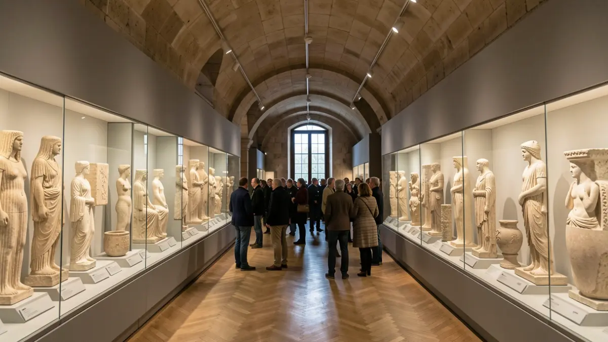 Oiasso Museoko barrualdea, Greziako artefaktu zaharrak eta erakusketak erakusten dituena, argiztapen leuna eta historiaren sakontasuna.
