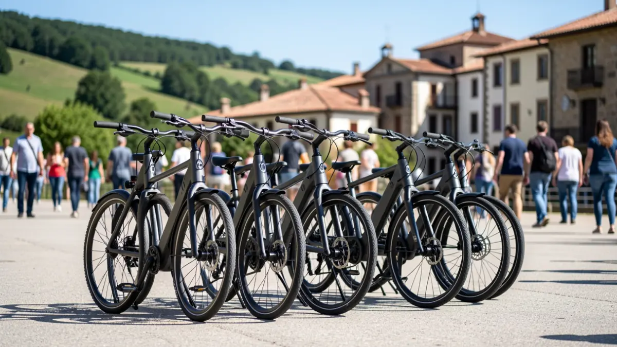 Cinco bicicletas eléctricas aparcadas en fila, con el paisaje y la arquitectura vasca de Debagoiena al fondo.