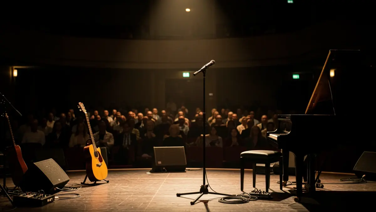 Escenario del auditorio de la Escuela de Música Juan Arzamendi en Arrasate, con poca luz e instrumentos musicales.