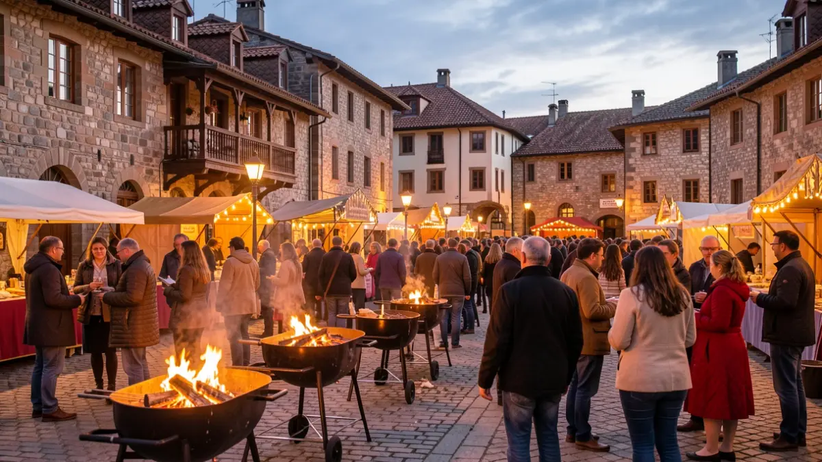 Irudi generikoa: Euskal herriko plaza batean arratsaldeko argitan parrillak piztuta eta jendea.