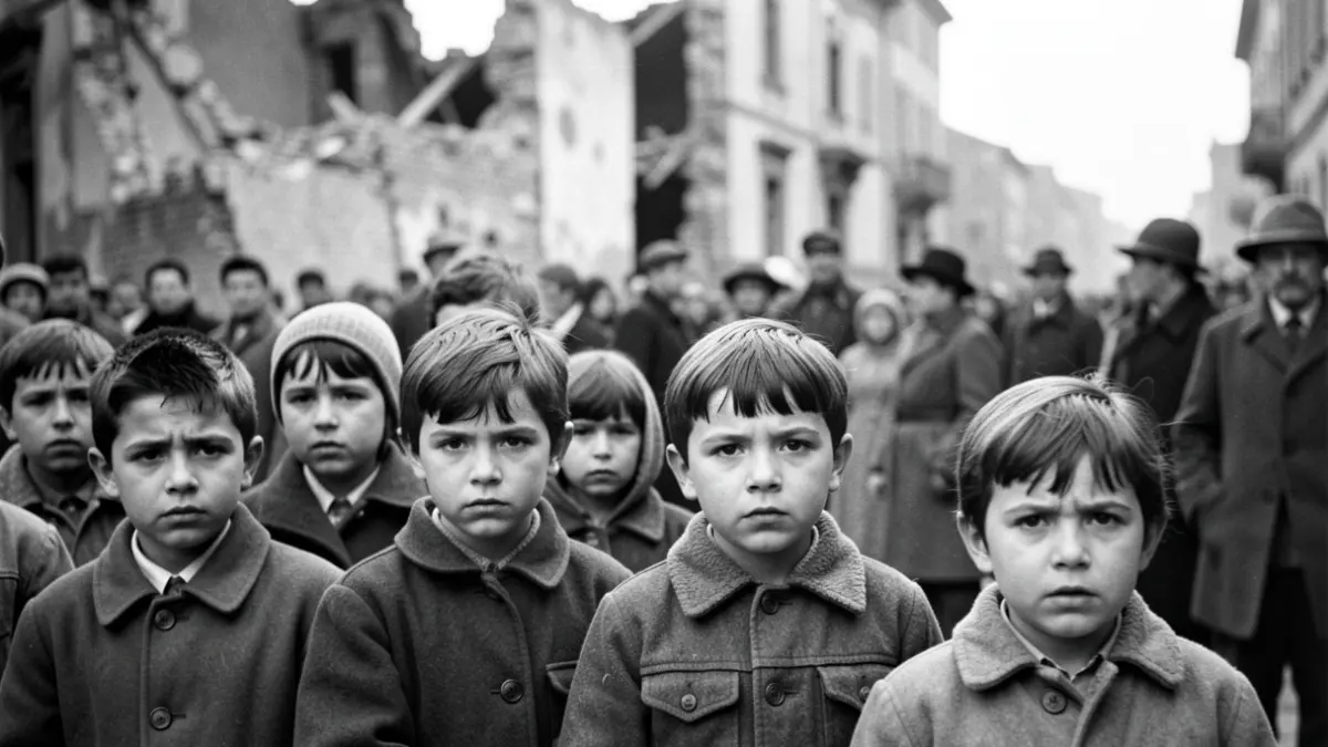 Imagen genérica: Niños de la guerra, con un edificio dañado al fondo.