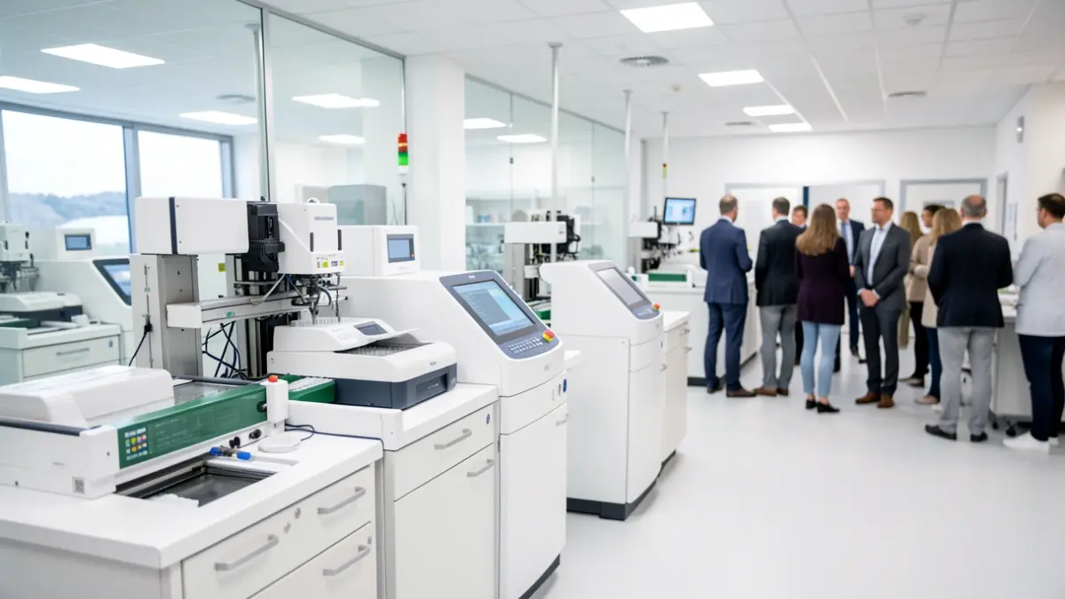 Interior of a modern biological diagnostic laboratory with automated sample processing systems and digital scanners.