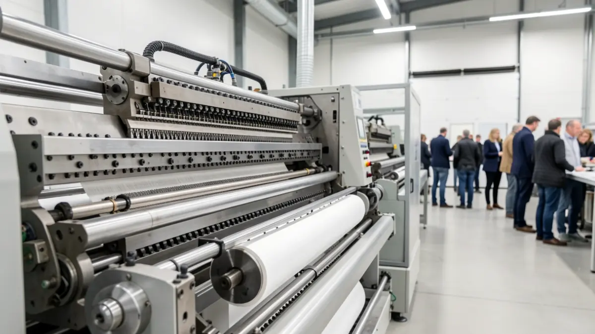 Primer plano de maquinaria industrial de corte de papel de Pasaban, mostrando tecnología avanzada.