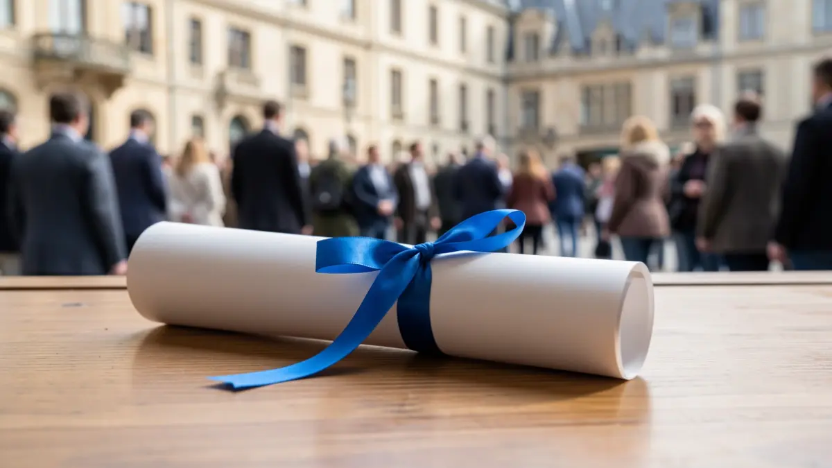 A graduation diploma scroll tied with a blue ribbon, on a wooden desk with a blurred university building facade in the background.