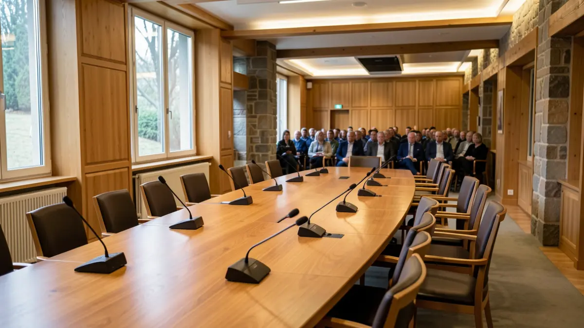 Una sala de reuniones en un edificio oficial, con una mesa larga, micrófonos y sillas dispuestas, evocando un ambiente de debate político.