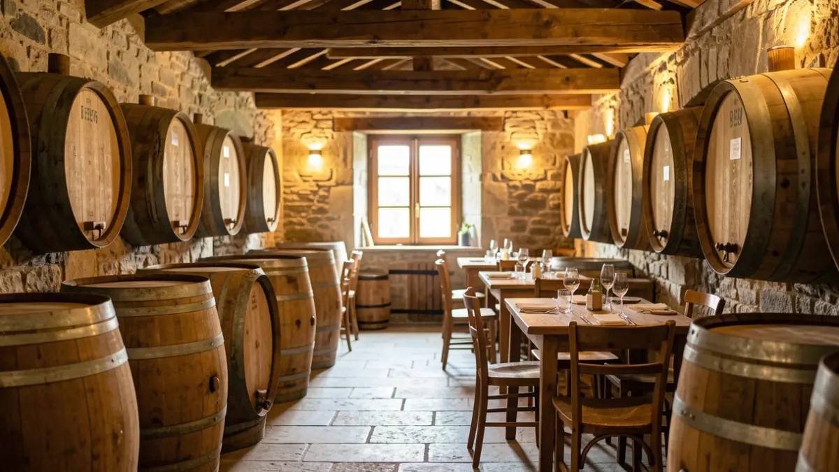 Interior de una sidrería vasca con barricas y mesas.