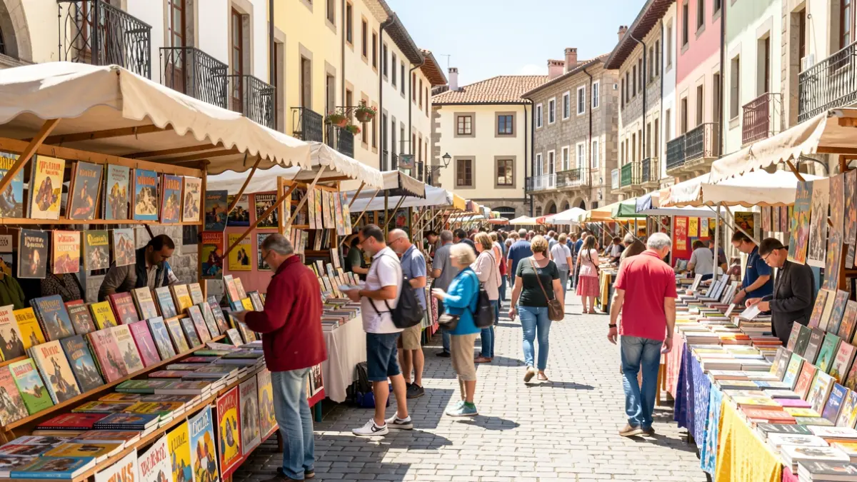 Generic image of the Sagitario A literary fair in Ordizia's main square, showing book and comic stalls and people.