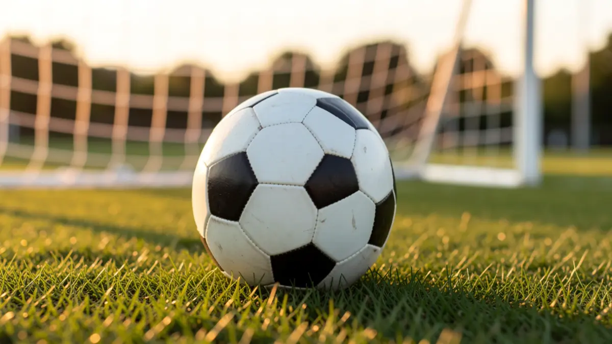 Primer plano de un balón de fútbol sobre césped, red de portería desenfocada al fondo, luz de la hora dorada.