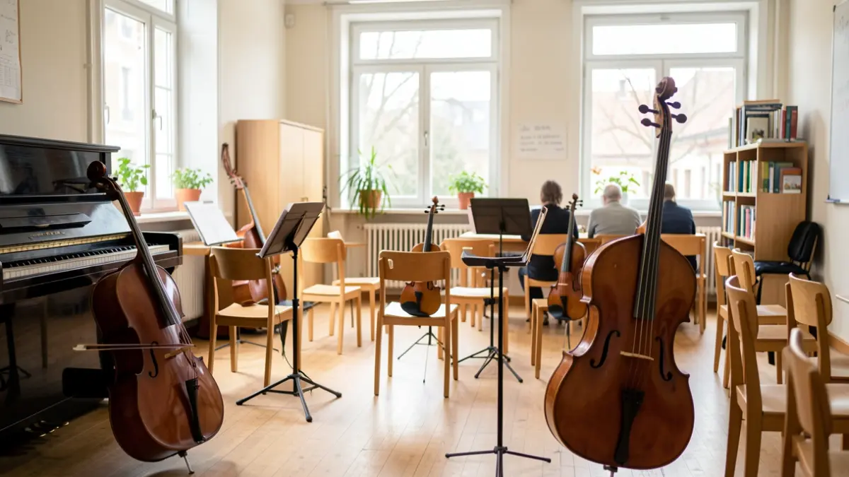 Musika eskolako barrualdea, hainbat instrumentu ikusgai.