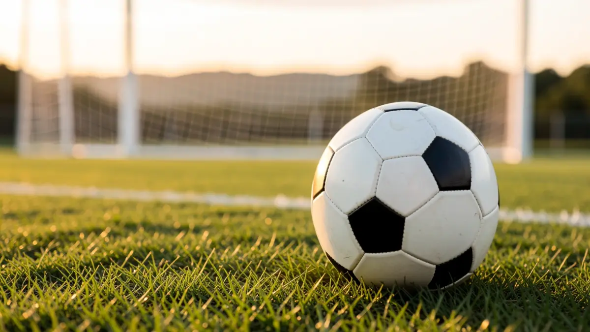 Futbol-pilotaren hurbileko irudia, belar berdean, ate-sarea lausotuta atzealdean, urrezko orduko argitan.