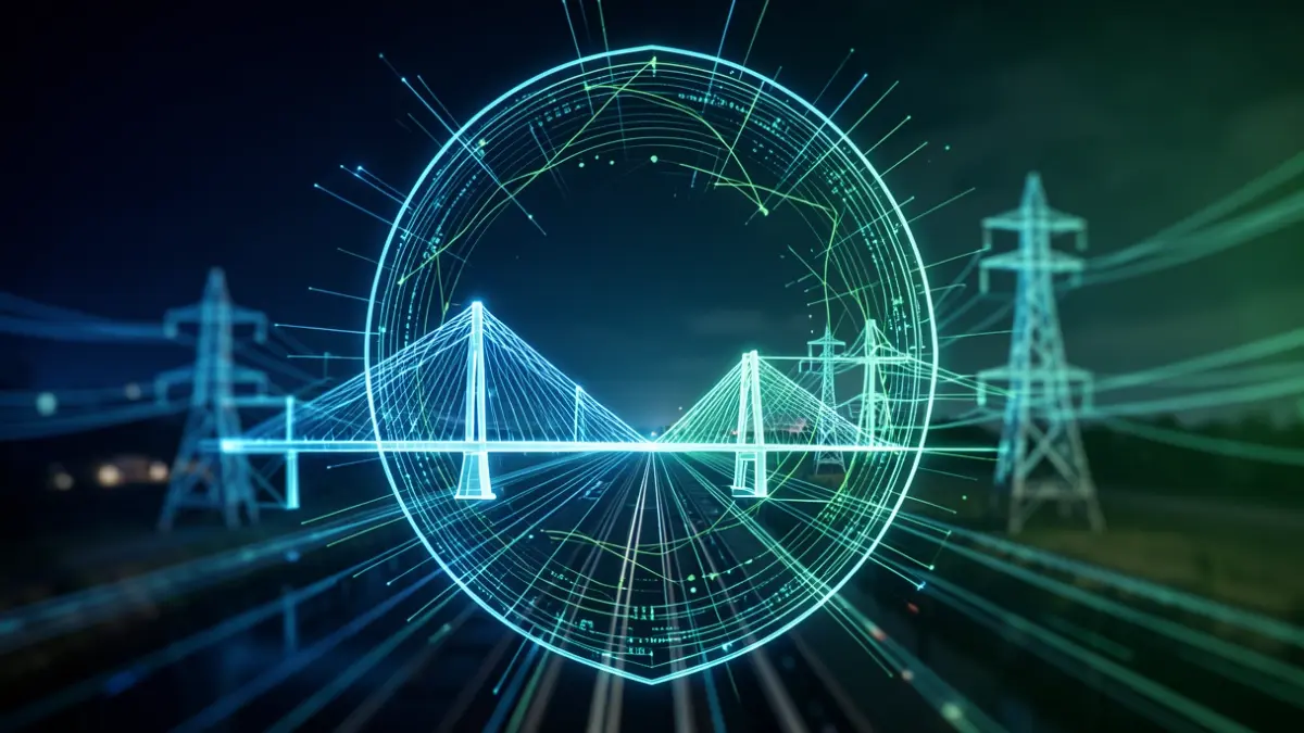 Abstract representation of glowing data lines forming a protective shield around critical infrastructure.