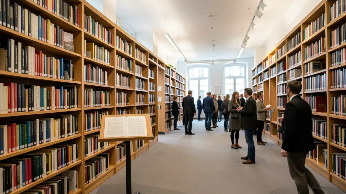 Interior of a modern library with bookshelves filled with books and soft lighting.
