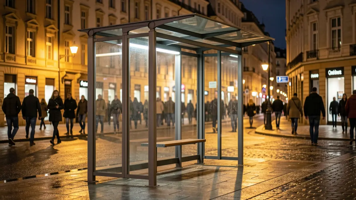 Una parada de autobús vacía por la noche con luces cálidas.