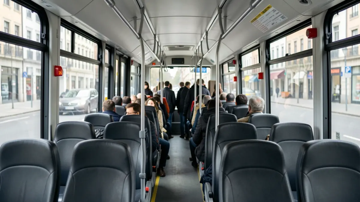 Interior of a bus in Vitoria-Gasteiz, with blurred city views through the windows.