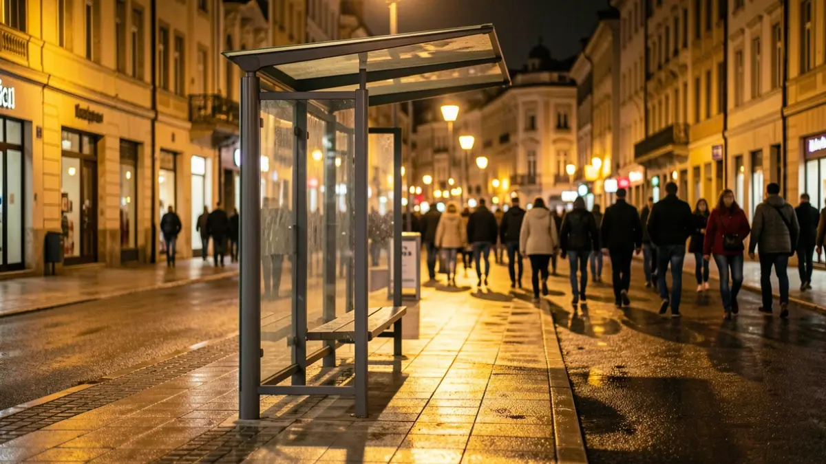 An empty bus stop at night in Vitoria-Gasteiz, with warm lights and wet pavement.