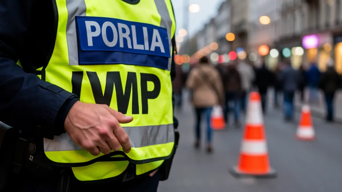 Generic image: Vitoria-Gasteiz police officer's hand holding a reflective VMP vest, with blurred city lights and traffic cones.