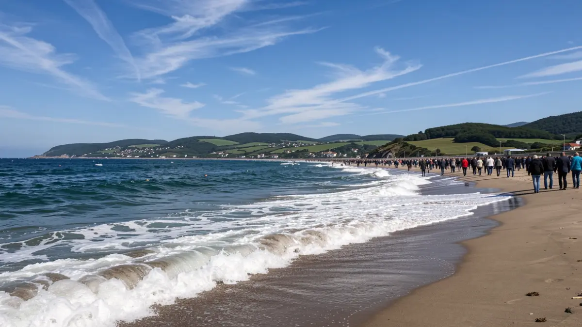 Coastline with waves, clear blue sky, and green hills in the background.