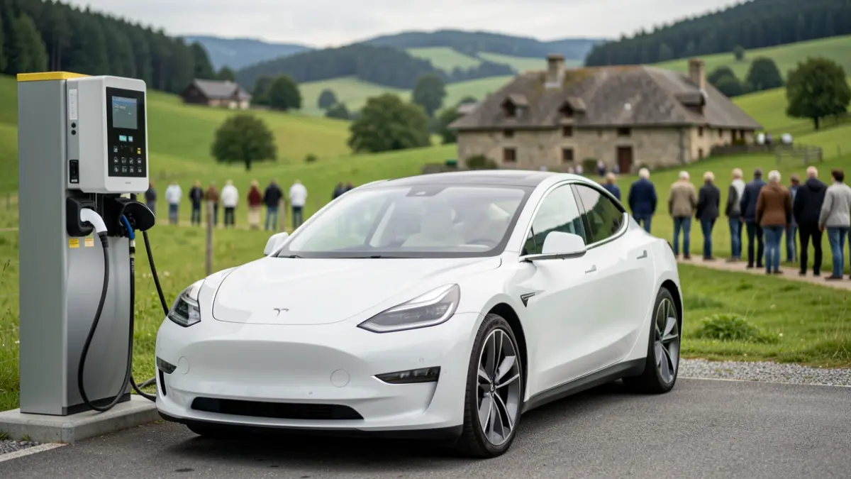 Electric vehicle at a charging station with the green landscape of Uribe Kosta in the background.